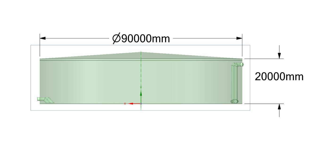 Storage tank geometry, 90 m diameter and 20 m high