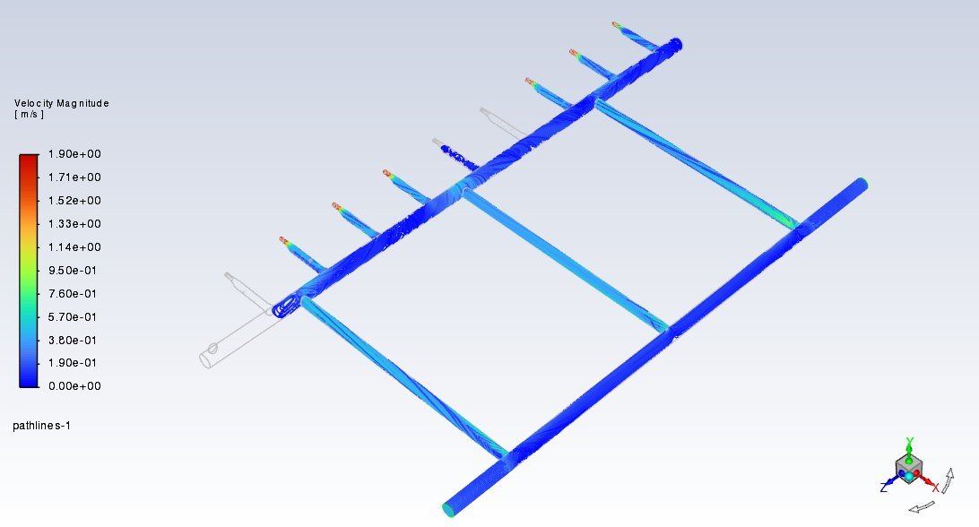 Pathlines coloured by velocity through the manifold