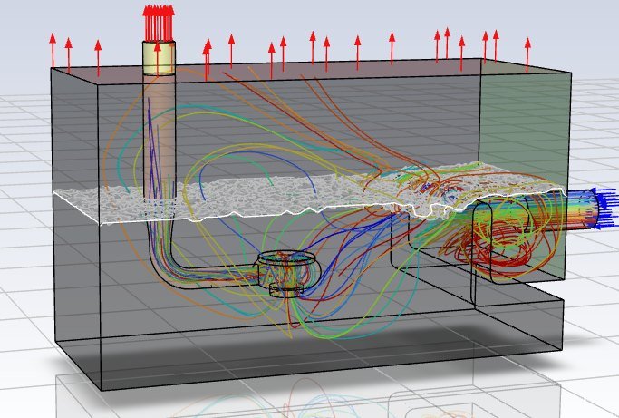 CFD study of a pump intake sump showing velocity streamlines and free surface