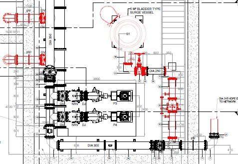 Pump station layout with bladder surge vessel